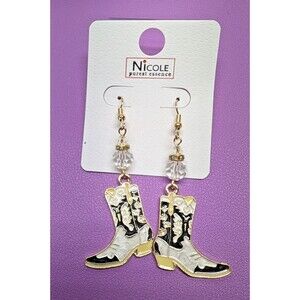 Nicole Purest Essence White Acrylic Beaded Boot Drop Earrings Cowgirl